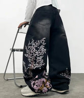 Hip Hop Cherry Blossom Embroidery Baggy Jeans Harajuku Wide Leg High Waisted Denim Pants Y2k Trend Jeans Clothing