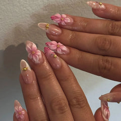 24pcs Pink Almond False Nails Press on Wearable Sweet Flower Nails Tips Pearl Design Mid-length Fake Nail Rhinestone Manicure