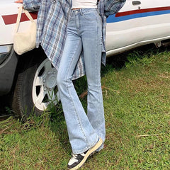 Elastic High Waist Bell Bottom Jeans High Street Designer Flare Pants Lady Blue Black Gothic Denim Trousers