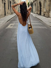 Casual Blue Pleated Sling Long Dress Elegant Sleeveless Backless Off Shoulder Slim Fit Dresses Beach Party Robe
