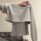 Xia Zhenhua Gray Off-shoulder Long-sleeved Striped Sweatshirt Design Matching Vest Two-piece Set