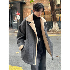Berber Fleece Jacket Parka Coats Multi-pockets Stand Collar Casual Thick Warm Jacket Man Khaki/Dark Gray