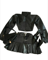 Y2K Black Leather Spliced Denim Two Piece Set Harajuku Zipper Long Sleeved Jacket Pleated Skirt Motorcycle Suit