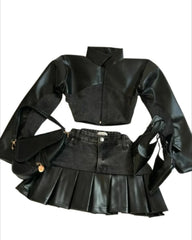 Y2K Black Leather Spliced Denim Two Piece Set Harajuku Zipper Long Sleeved Jacket Pleated Skirt Motorcycle Suit