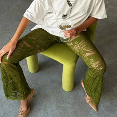 Stylish See-Through Lace Flare Pants High Rise Elastic Waist Bell-Bottoms Streetwear Long Trousers
