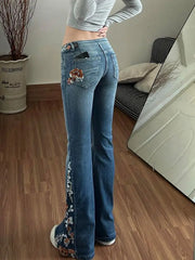 American Niche Floral Embroidered Washed Jeans Y2K Millennial Retro Street Casual Harajuku Girl Micro-flare Slim Jeans