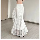 SylCue Lace Patchwork Skirts High Waist Hip-Covering Irregular Casual Creamy Sweet Style Ruched Elegant Outfits