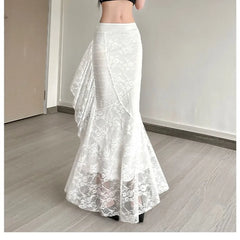 SylCue Lace Patchwork Skirts High Waist Hip-Covering Irregular Casual Creamy Sweet Style Ruched Elegant Outfits