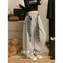 Baggy Drawstring Pants Gray Long Trousers Wide Fit Pants Y2k Harajuku Japanese Loose American Retro Hip-pop Sweat Pants
