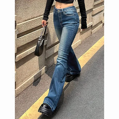Girls Concise Ins High Waist Flared Jeans Stretchy Bootcut Denim Pants Solid Color Thin Bell Bottoms Trousers