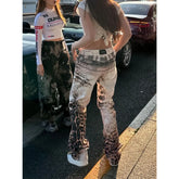 American Retro Leopard Print Gradient Wash Jeans Y2K Street Hip Hop Old Trousers Casual High Waist Straight Denim Pants