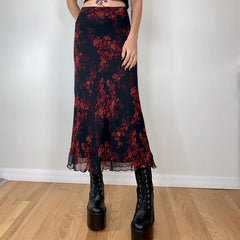 Combhasaki Y2K Retro Vintage Floral Printed High Waist Ruffled Elegant Elastic Waist Long Skirts Street Style Bottoms
