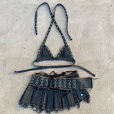 Retro Street Washed Denim Two-Piece Skirt Set Hip Hop Harajuku Goth Halves Neck Top Mini Pleated Skirt Trendy Set