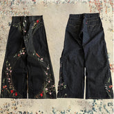 Y2K Baggy Jeans vintage splicing Floral Seams Embroidery Streamlined Jeans 2000s Harajuku goth Hip Hop wide leg jeans