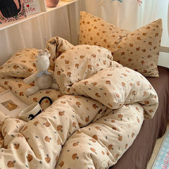 Bedding Set Double Layered Yarn INS Girls Mushroom Soft Washed Cotton Bed Sheet Queen King Size Duvet Set Pillowcase Bed Sheet