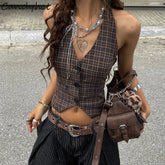 CandyPlaid Print Vintage V-neck Buttons Retro Casual Halter Crop Tops Y2K Daily Sweet Cute Outdoor All-Match Vest