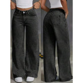 Classic Wide Leg Stretch Jeans with Button Soft Comfortable Vintage Wash Stylish Jeans High Street Pants
