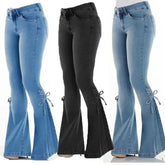 Full Length Flare Pants Jean Washed Denim Pants Zipper Fly Loose Fit Pockets High Waist Basics Lace Up Vintage Solid