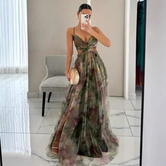 Elegant Print Pleated Mesh Evening Dress Off Shoulder Ins Vacation Long Dress V Neck High Waist Backless Sling Dress