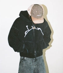 Y2K American High Street Washing Zipper Hooded Sweater Retro Harajuku Loose Hooded Top Clothing