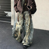 American Street Destruction Style Embroidered Denim Pants Oversized Retro Wash Personality Loose Casual Wide Leg Jeans