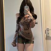 Long sleeved T-shirt spicy girl style one shoulder thin mesh screen graffiti print irregular drawstring top