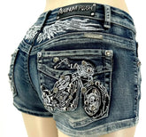 Rider Motorcycle Wing Rivet Embroidery Shorts Y2k Vintage Gothic Girl Washed Denim Shorts Low Waist Mini Skirts