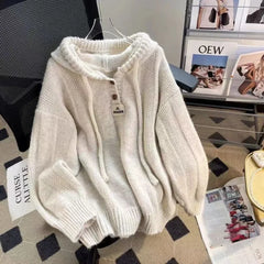 Pullovers Hooded Plus Velvet Thickening Button Design Tender Knitted Sweater All-match Casual Students Chic