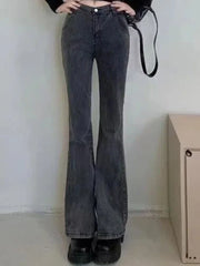 Korean Flare Jeans Girls High Waist Elastic Boot Cut Pants Lady Vintage Blue Black Gray Brown Denim Bell Bottom Trousers