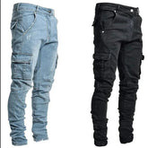 Street Elastic Denim Jeans Wash Solid Color Multi Pockets Cargo Pants Casual Slim Fit Daily Wear Joggers Mid Waist Trousers