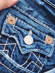 Harajuku Gothic Retro Pocket Embroidered Blue Baggy Jeans Buddha Embroidery Logo Jeans Y2K Low Waist Wide Leg Trousers