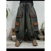 Retro Pocket Harlan Denim Lantern Pants Loose Nine Points Elastic Waist Loose Fit High Waist Jeans Lantern Trousers