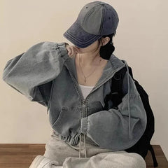 Matakawa Denim Jackets Hooded Solid Korean Chaquetas Vintage Loose Zipper Ropa De Mujer Tops