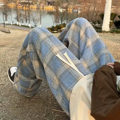 Vintage American Style Tweed Plaid Pants Loose Straight Wide Leg Casual Trousers Trendy Brand Punk Rock Streetwear