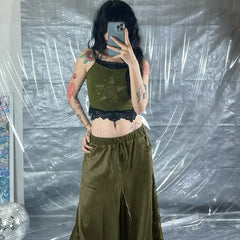 Vintage Suede Nap Lace Patchwork Hem Zip Long Skirt Cyber Y2K Chic Drawstring Pocket A-line Skirts Lady Grunge Streetwear