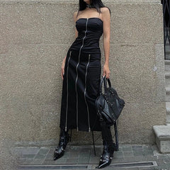 Goth Dark Techwear Zip Up Midi Dresses Cyber Y2k Mall Gothic Split Tube Dress Partywear Punk Off Shoulder Outfits