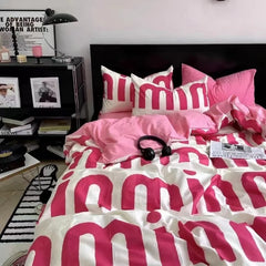 INS Nordic Pink Letter Bedding Set Four Pieces Quilt Cover Girls Single Twin Full Queen Size Duvet Cover Set
