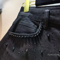 European Hollow Lace Jeans Black Lace Denim Pants Heavy Industry Beads Diamond Denim Splicing Crochet