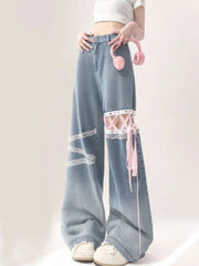 American Sweet Pantalones De Mujer Lace Patchwork Bandage High Waist Casual Loose Jeans Preppy Style All Match Clothing