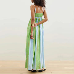 Combhasaki Striped Adjustable Thin Spaghetti Straps Ric-Rac Trim Flowy Beachwear A-line Slip Cami Pocket Long Dress