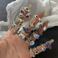 Y2K Crystal Rings Kpop Heart Adjustable Ring Irregular Geometry Punk Vintage Rings Set
