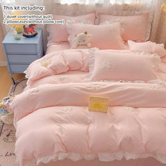 3 Piece Sheet Set pink bowknot embroidery Quilt Set