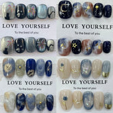 10Pcs Short Handmade Press On Nails Cute Glisten Cat Eye Gild Diamond Hand-Painted Flower Wearable Full Cover False Nails