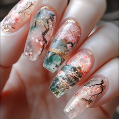 24pcs/set Medium long fake nails Swan fish flowers