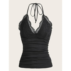 Black Lace Patchwork Halter Top Solid Ruched Backless Sleeveless Tank Top Streetwear Clothes
