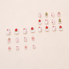 Short Round Head Fake Nails Sweet Strawberry Cherry Flower Bowknot Printed 24Pcs Press On Nails