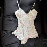 Floral Print Bodysuit Lace Trim Sleeveless Slim Fit Leotard Jumpsuit Romper Underwear Nightwear Lingerie