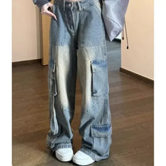 Jean Spliced Pockets Cargo Pants Washed Denim High Waist Full Length Jeans Loose Solid Basics Patchwork Distressed