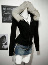 Y2K Harajuku Gothic Hoodie Slim Chic Suede Fur Collar Letter Print Cardigan Sweatshirt Streetwear
