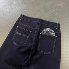 Retro Black Jeans Trendy Disc Embroidery Streetwear Wide Leg Pants Hip Hop Harajuku Casual Loose Trousers